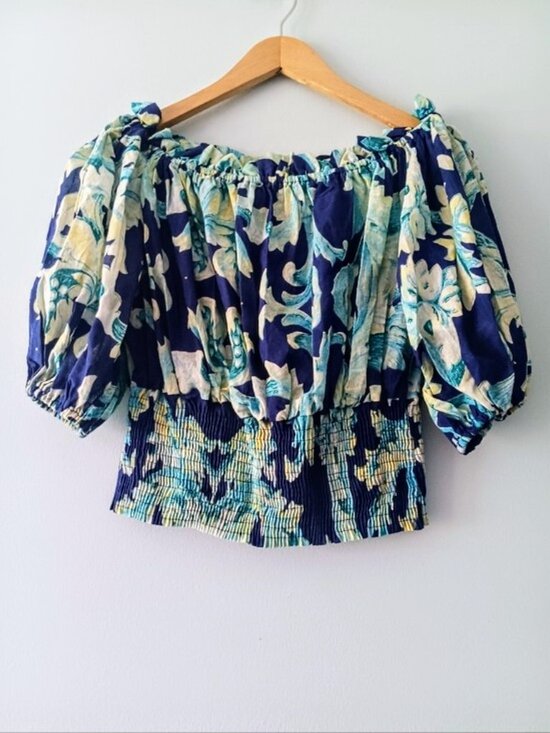 Antica Sartoria Tops - Antica Sartoria Blue Floral Off Shoulder Top OS Smocked Cotton Puff Sleeve